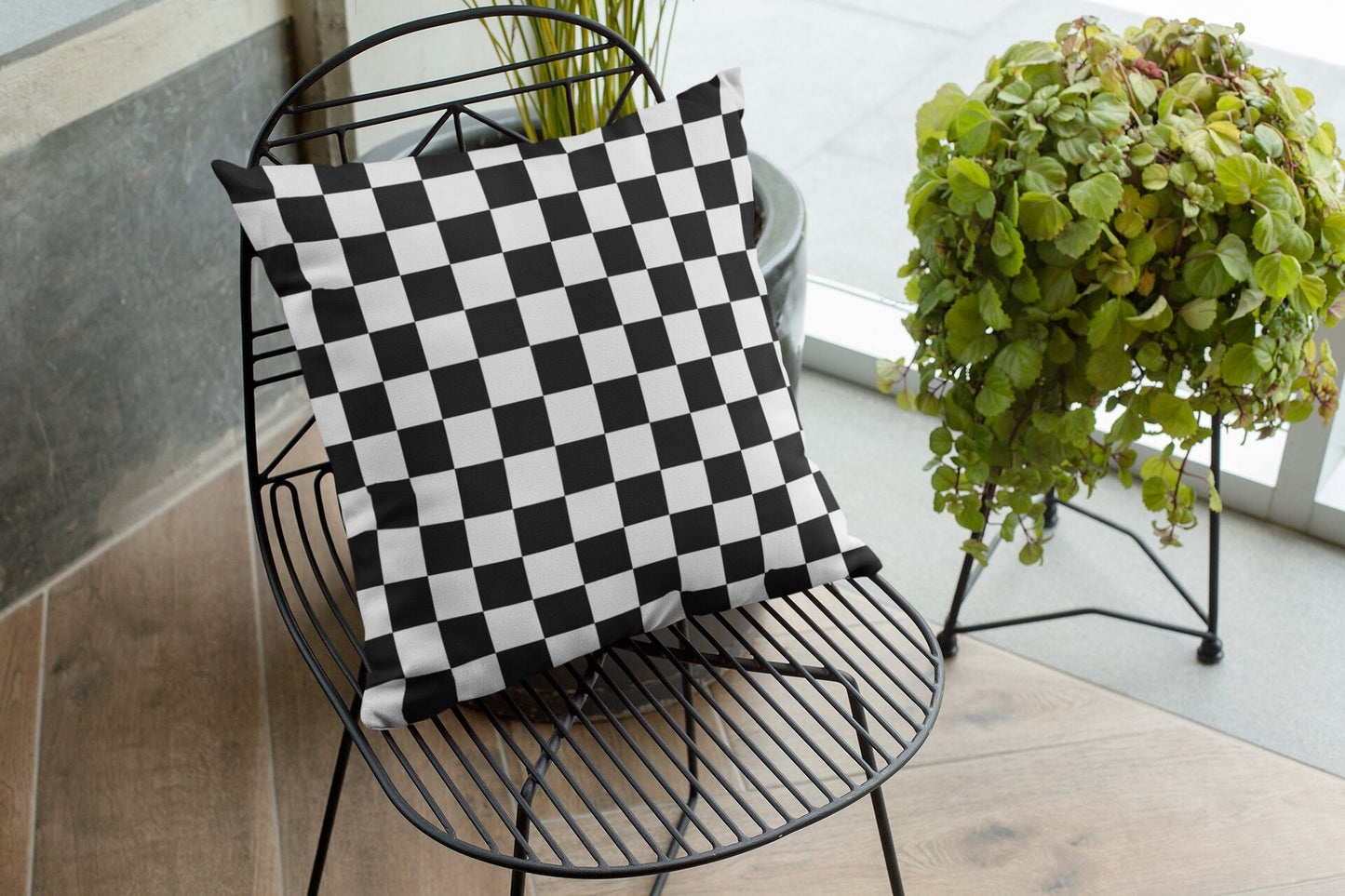 Black and White Checked Outdoor Pillow
