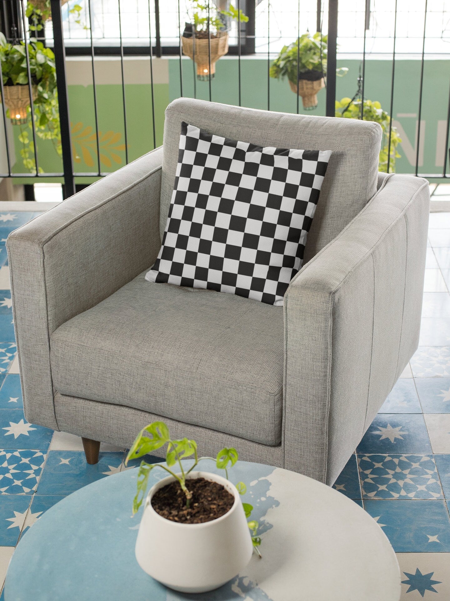 Black and White Checked Outdoor Pillow