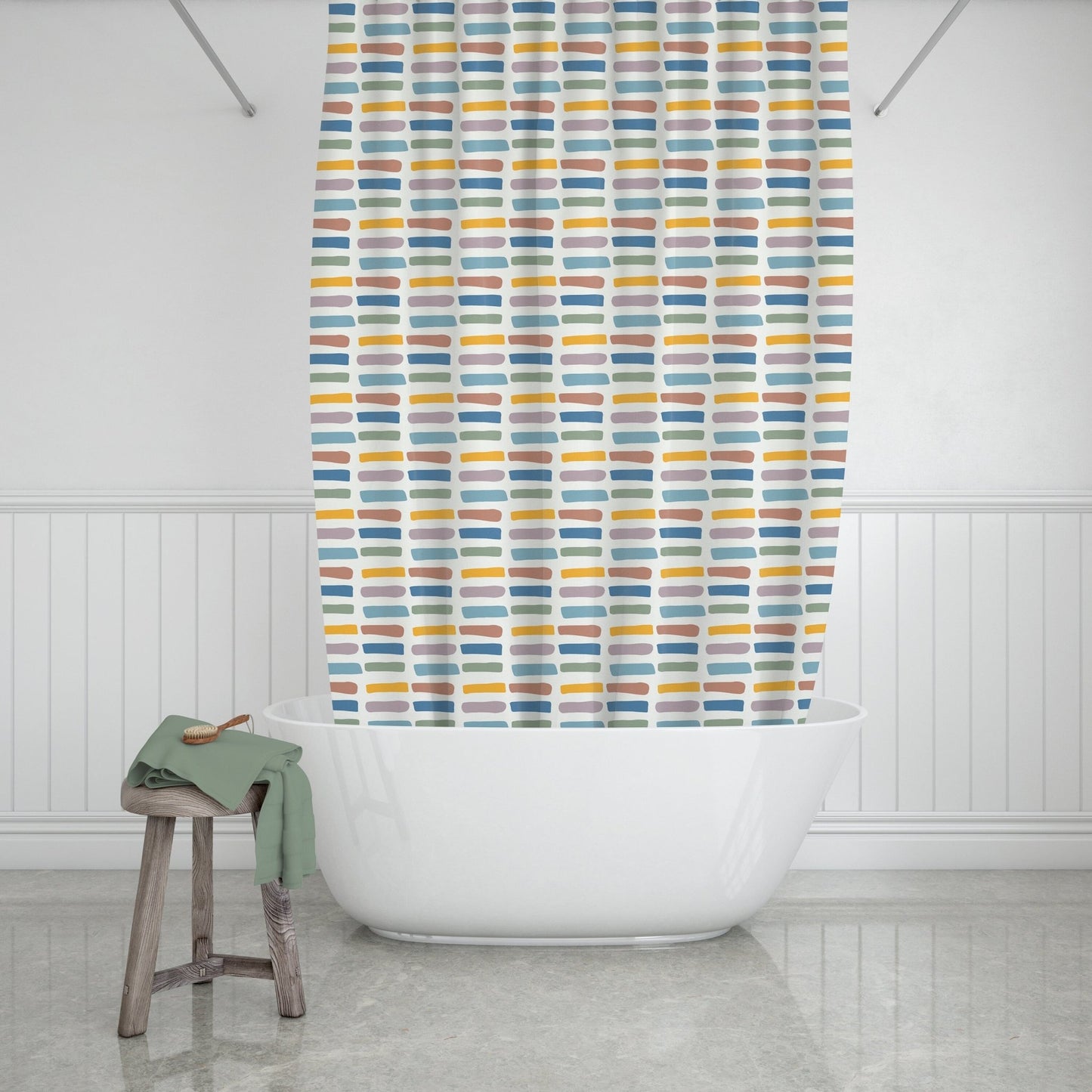 Boho Shower Curtain in Blue, Green, Yellow and Mauve Stripes