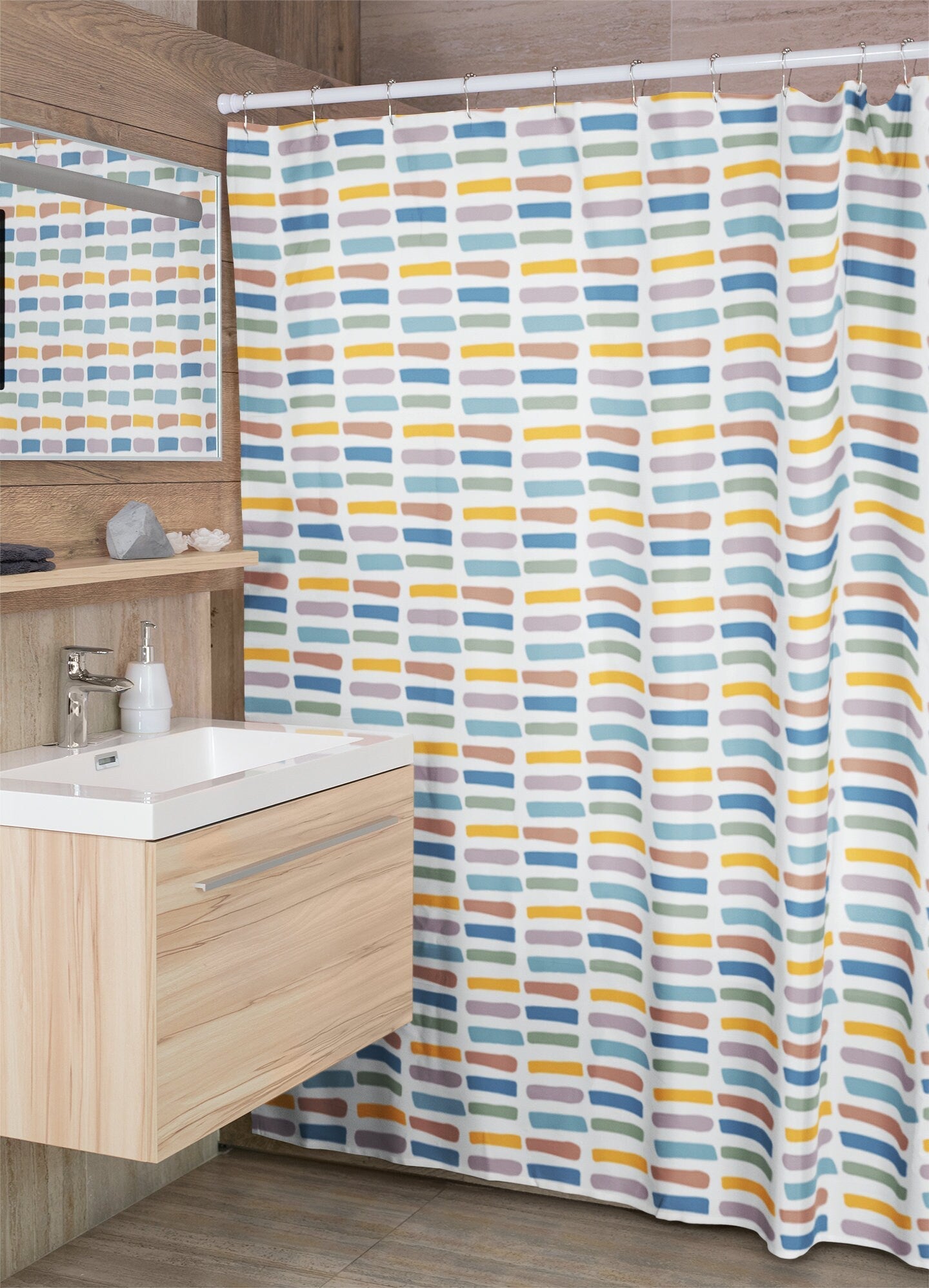 Boho Shower Curtain in Blue, Green, Yellow and Mauve Stripes