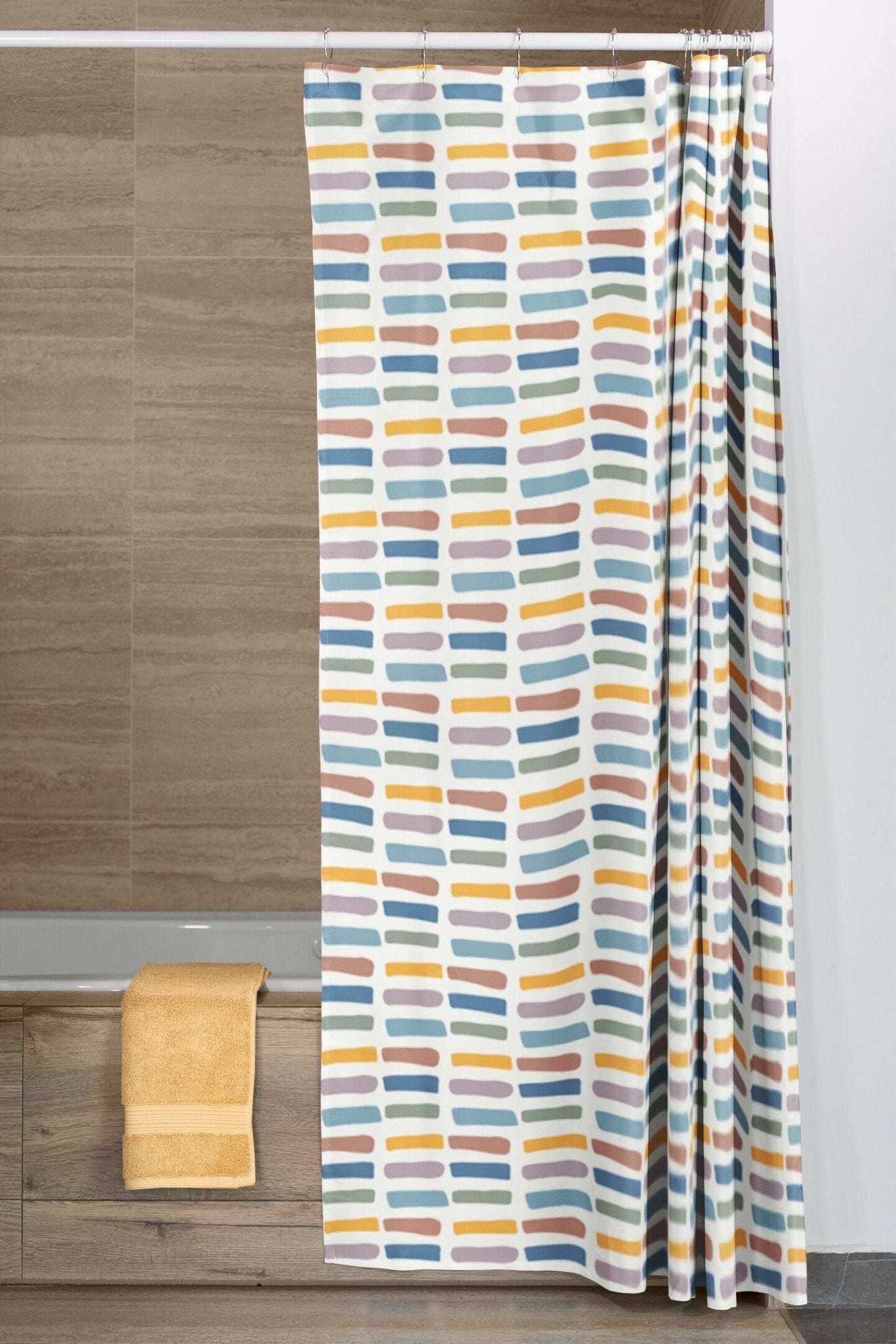 Boho Shower Curtain in Blue, Green, Yellow and Mauve Stripes