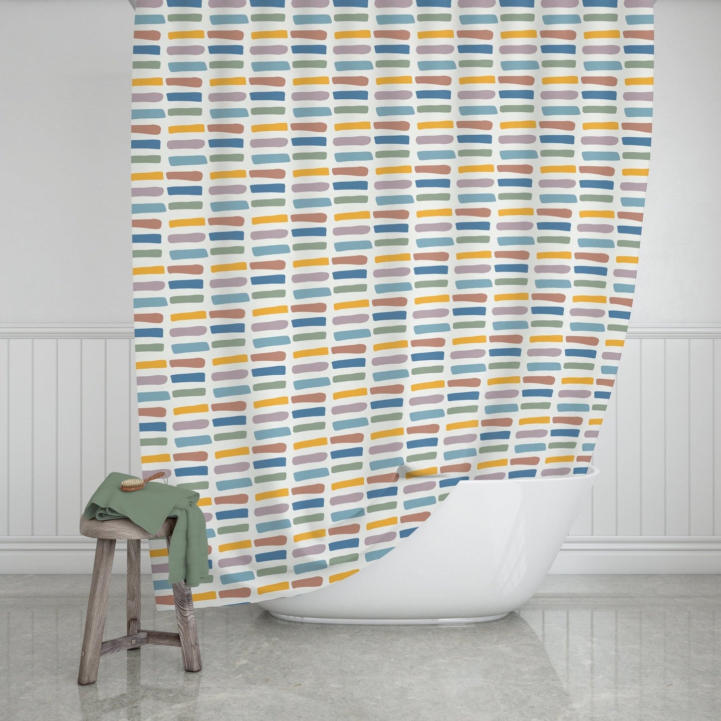 Boho Shower Curtain in Blue, Green, Yellow and Mauve Stripes