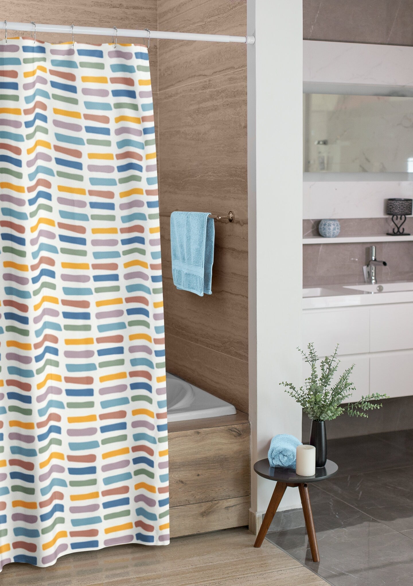 Boho Shower Curtain in Blue, Green, Yellow and Mauve Stripes