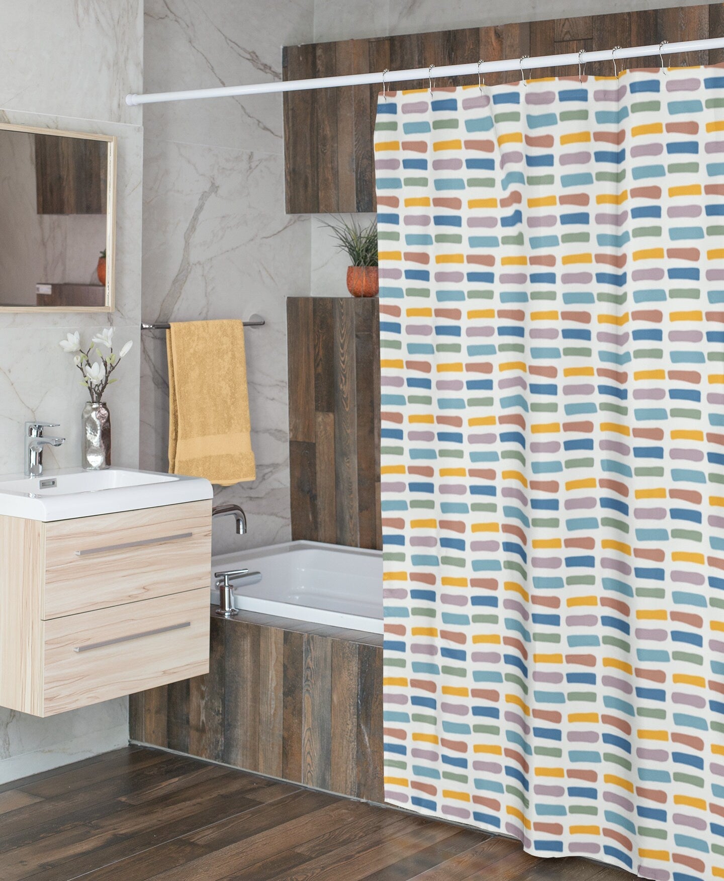 Boho Shower Curtain in Blue, Green, Yellow and Mauve Stripes
