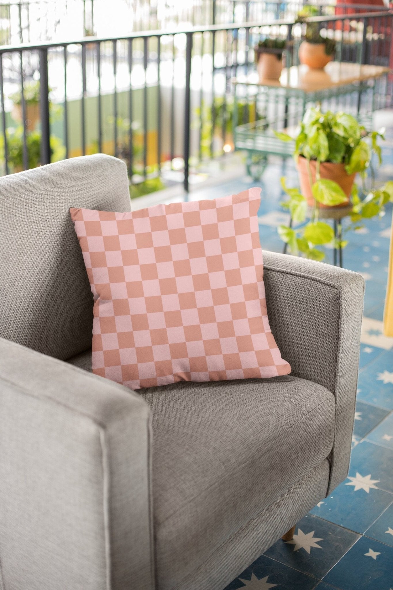 Pink and Orange Checked Outdoor Pillow
