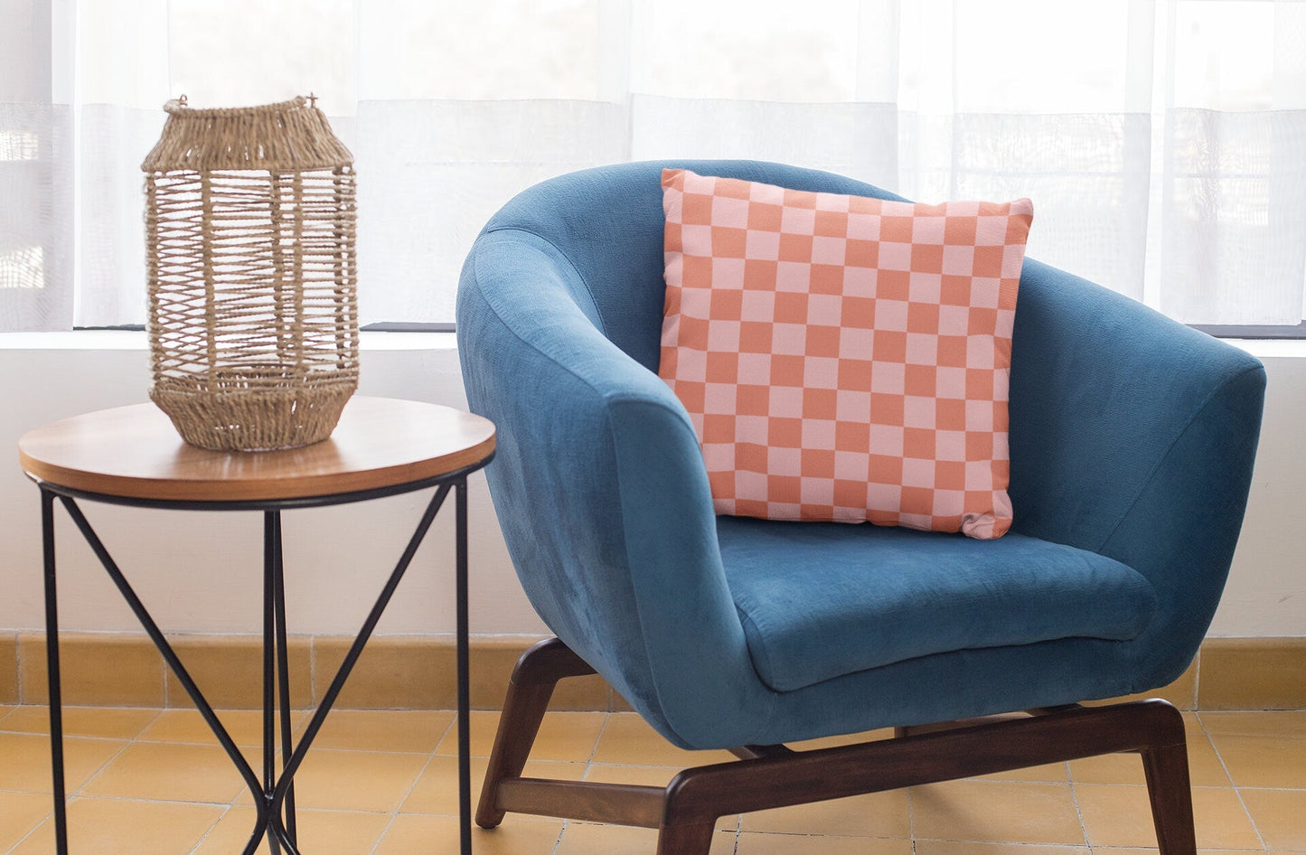 Pink and Orange Checked Outdoor Pillow