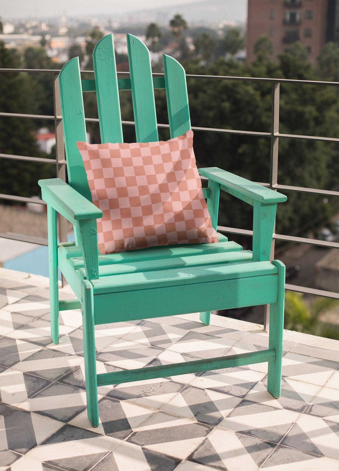 Pink and Orange Checked Outdoor Pillow