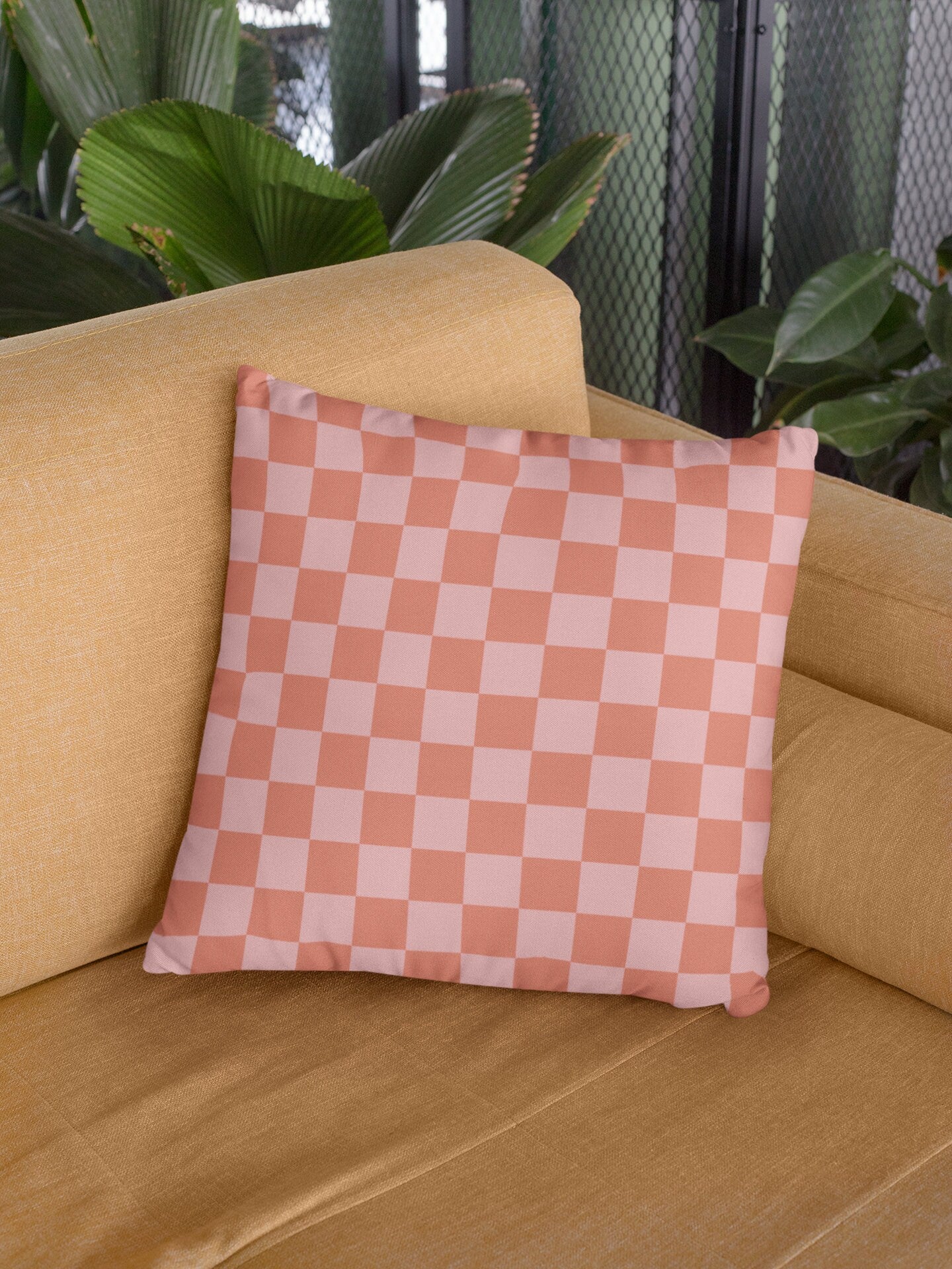 Pink and Orange Checked Outdoor Pillow