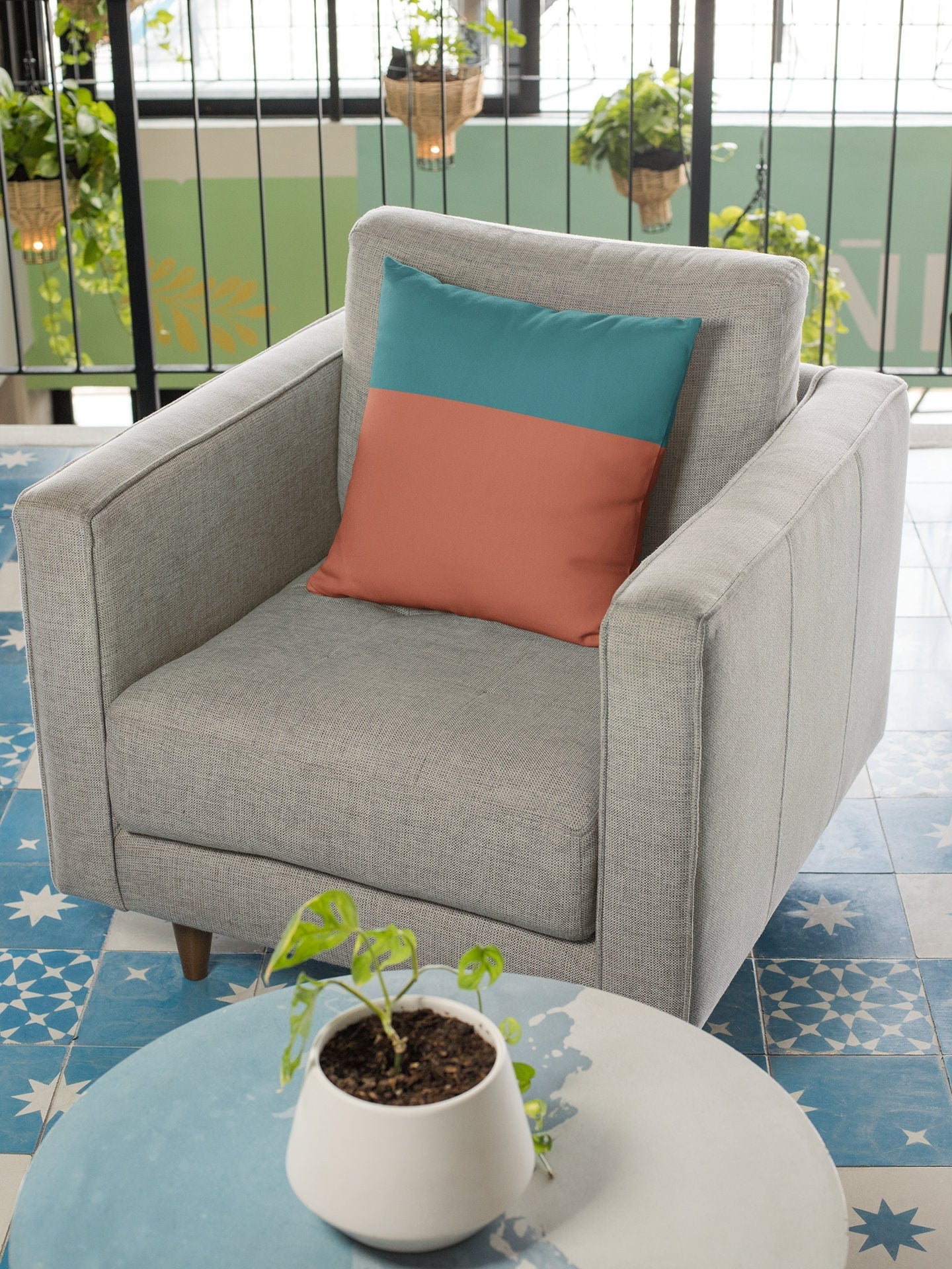 Teal Blue and Terracotta Pillow Cover