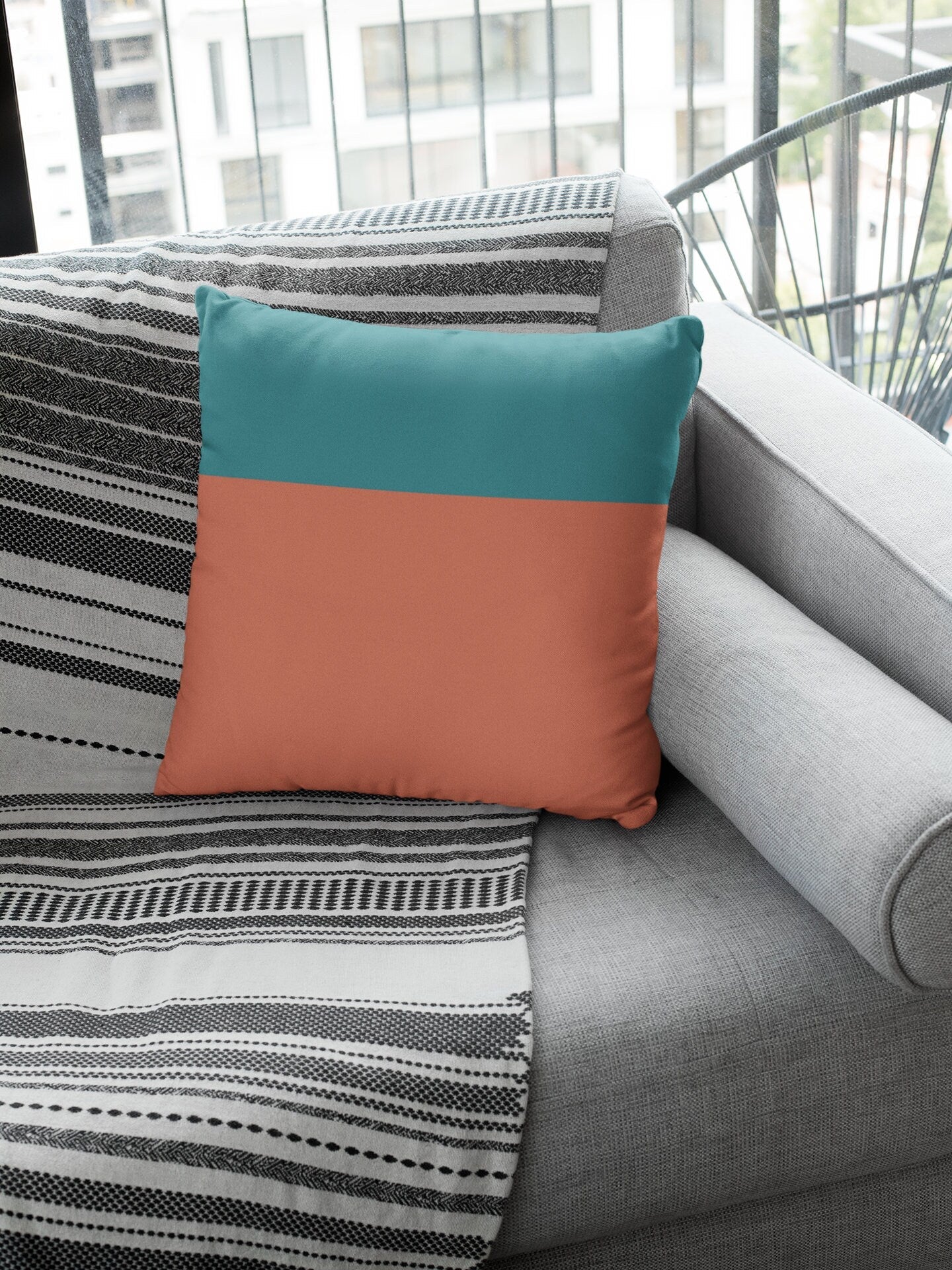 Teal Blue and Terracotta Pillow Cover