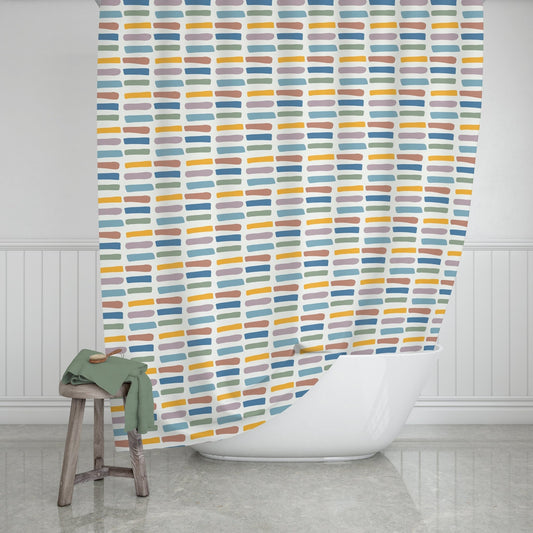 Boho Shower Curtain in Blue, Green, Yellow and Mauve Stripes