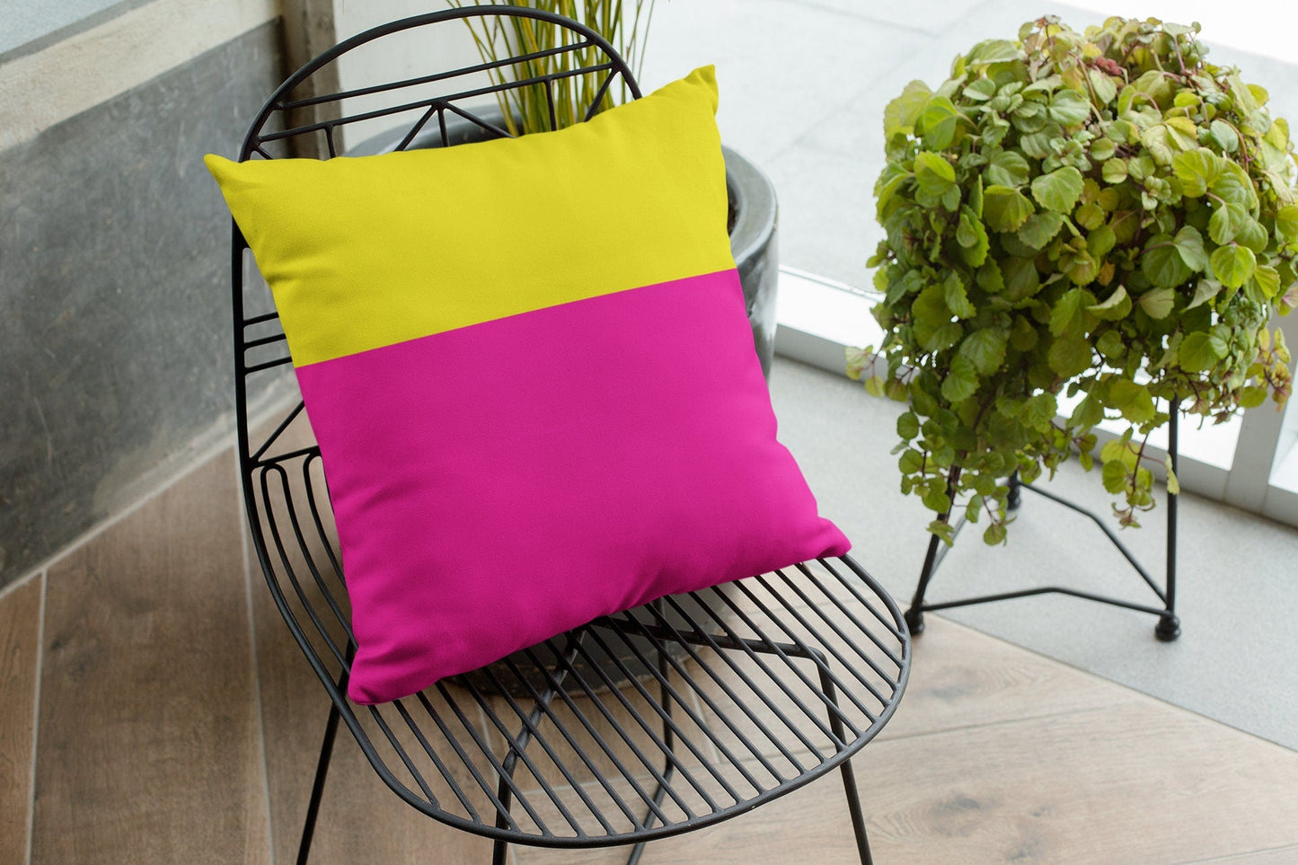 Bright Pink Pillow Cover with Yellow Color Block