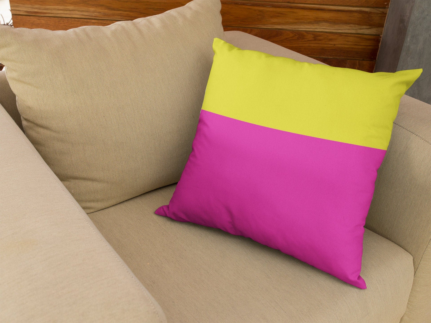 Bright Pink Pillow Cover with Yellow Color Block