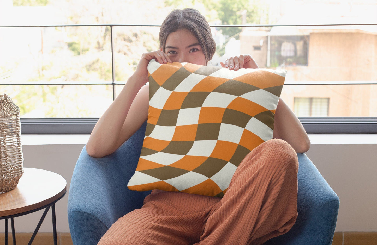 Checkered Pillow Case - Wavy Orange and Brown