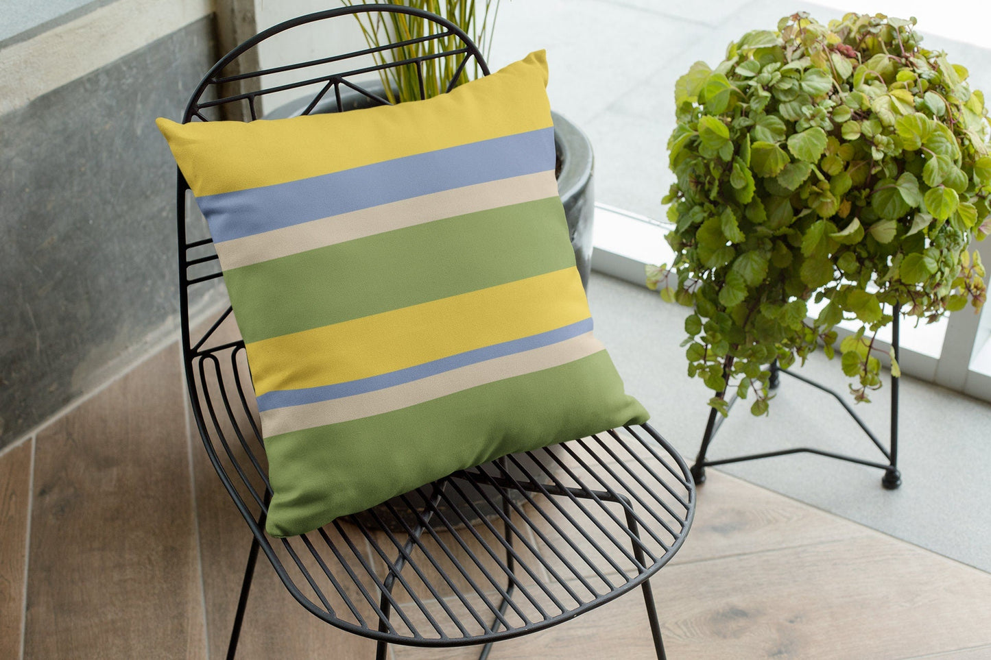 Outdoor Pillow - Green, Yellow and Blue Striped