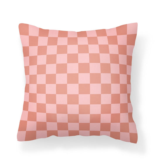 Pink and Orange Checked Outdoor Pillow