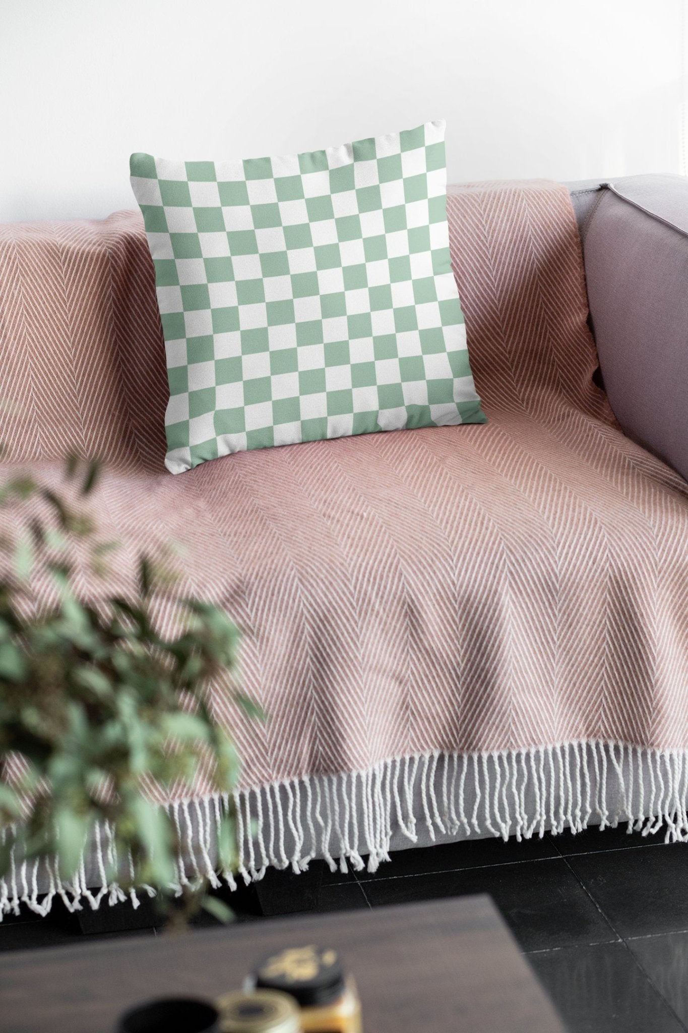 Sage Green Checkered Pillow Cover