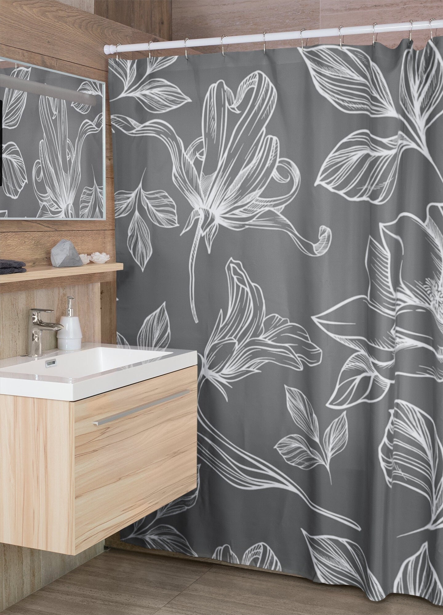 White and Gray Shower Curtain with Bold Floral Design