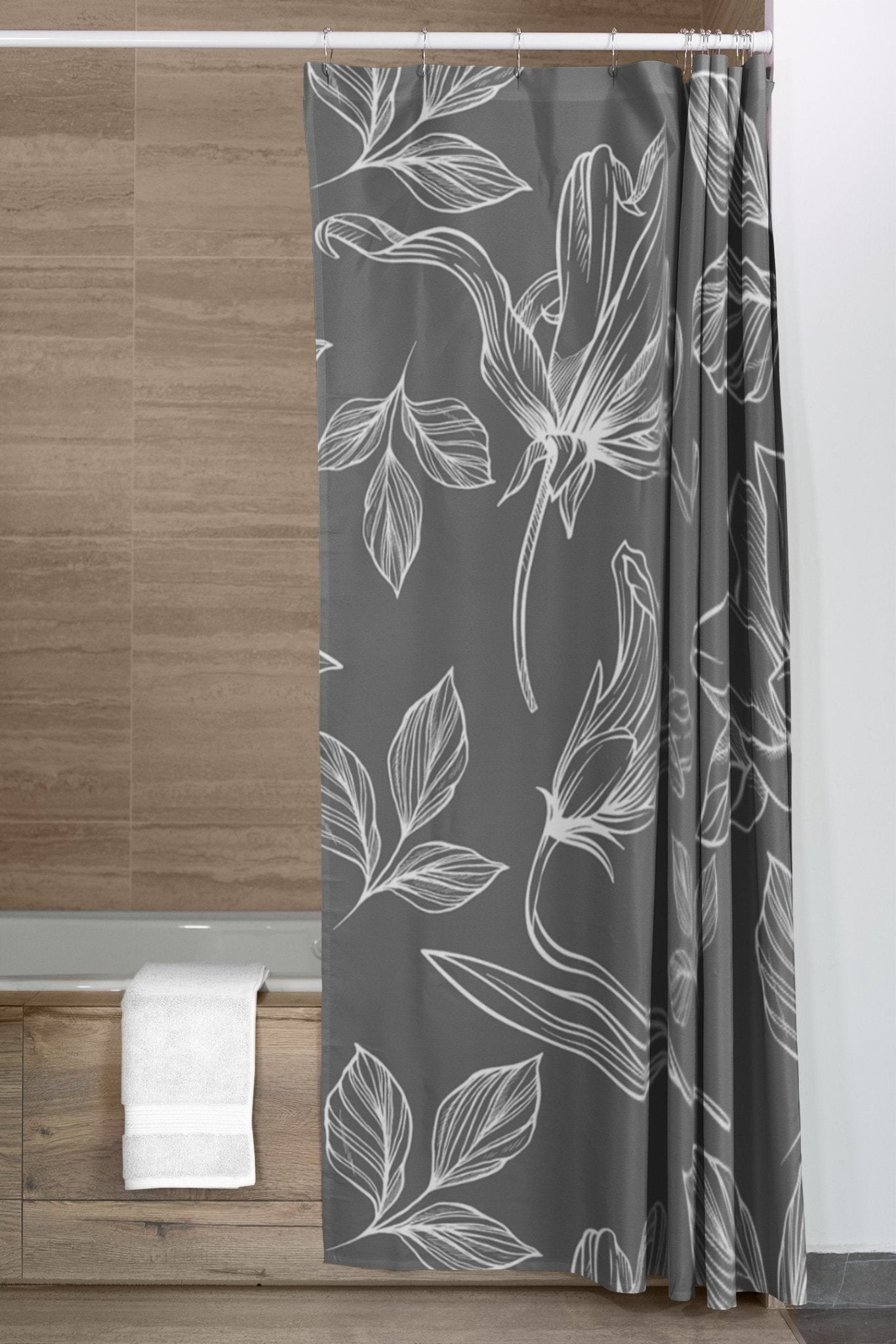 White and Gray Shower Curtain with Bold Floral Design