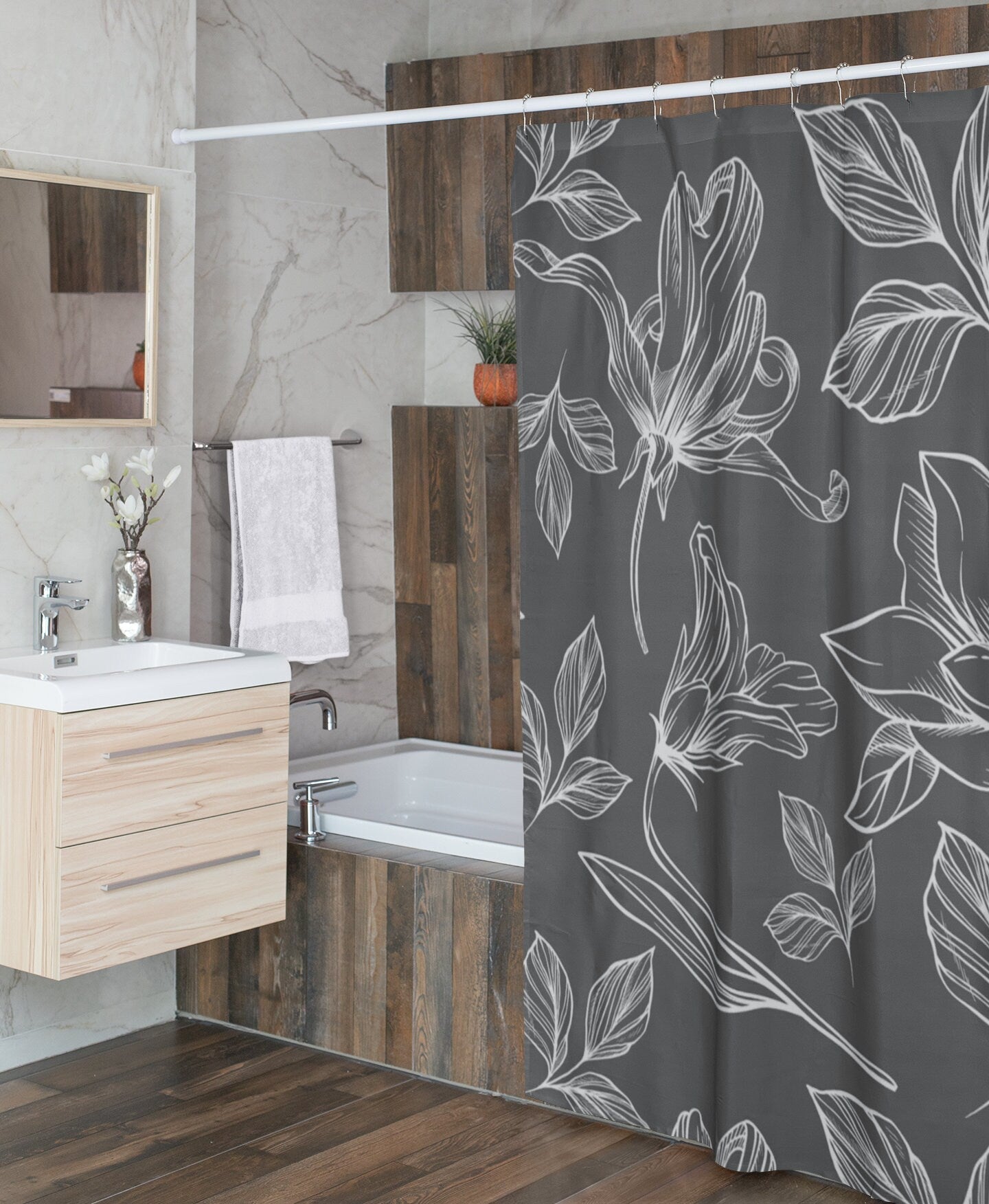White and Gray Shower Curtain with Bold Floral Design