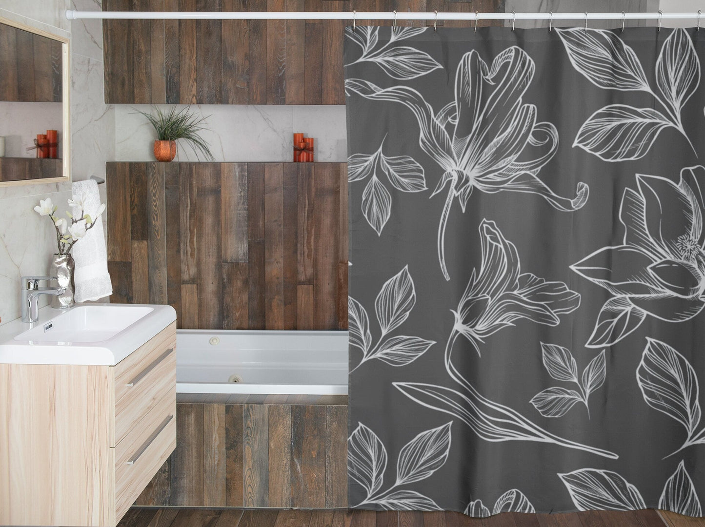 White and Gray Shower Curtain with Bold Floral Design