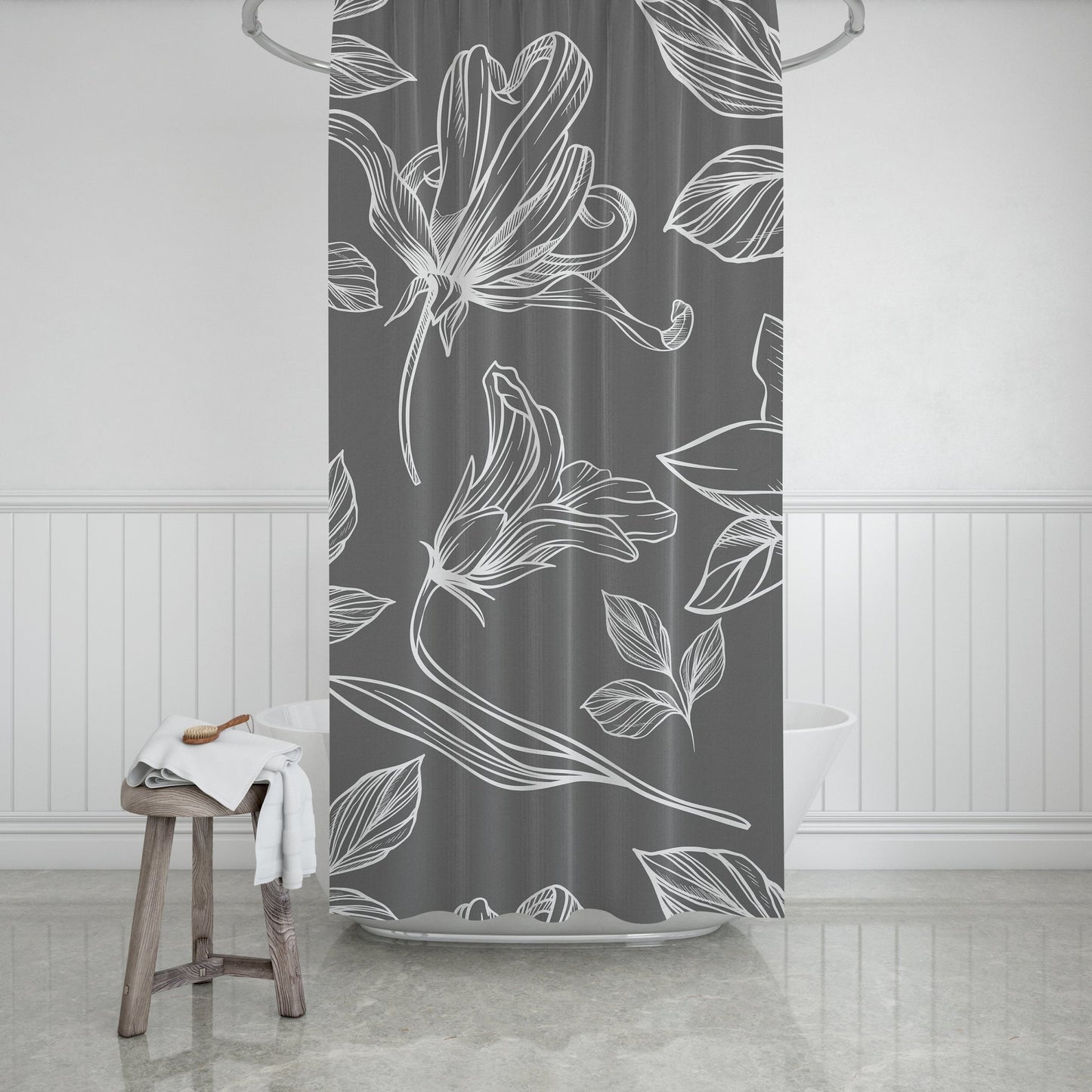 White and Gray Shower Curtain with Bold Floral Design