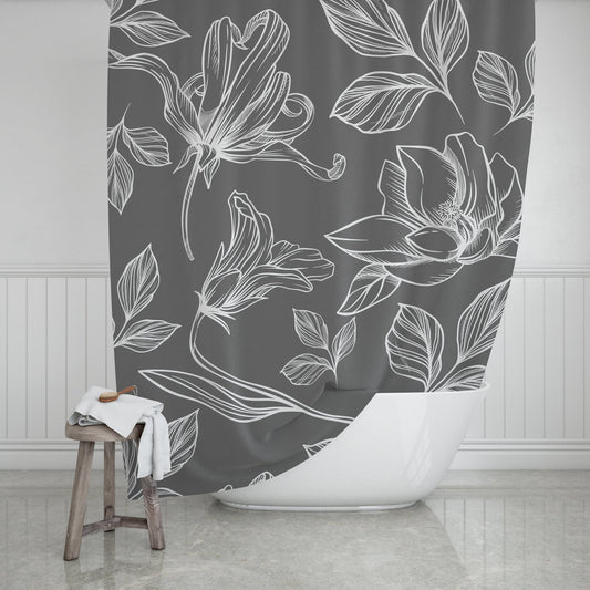 White and Gray Shower Curtain with Bold Floral Design